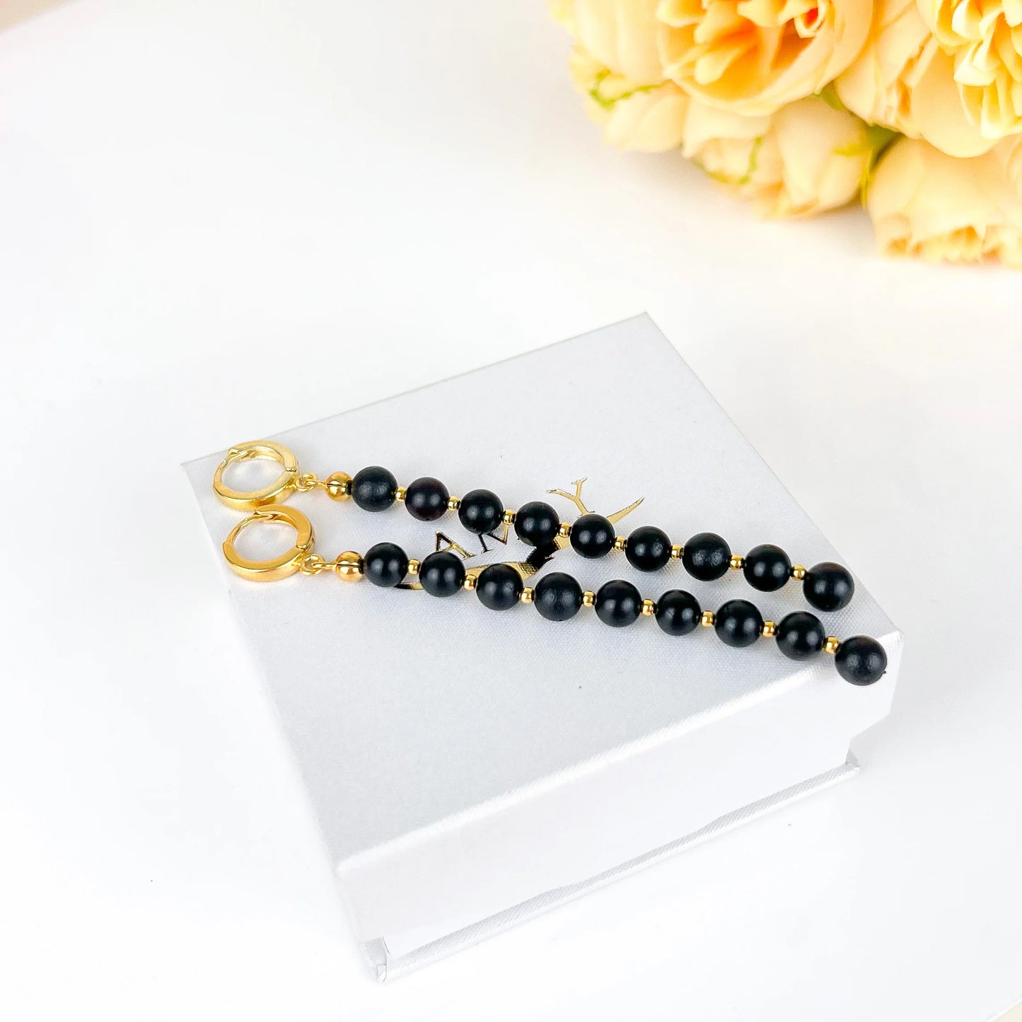 Silhouette Flow – Long Black Baltic Amber Earrings, 18K gold-plated