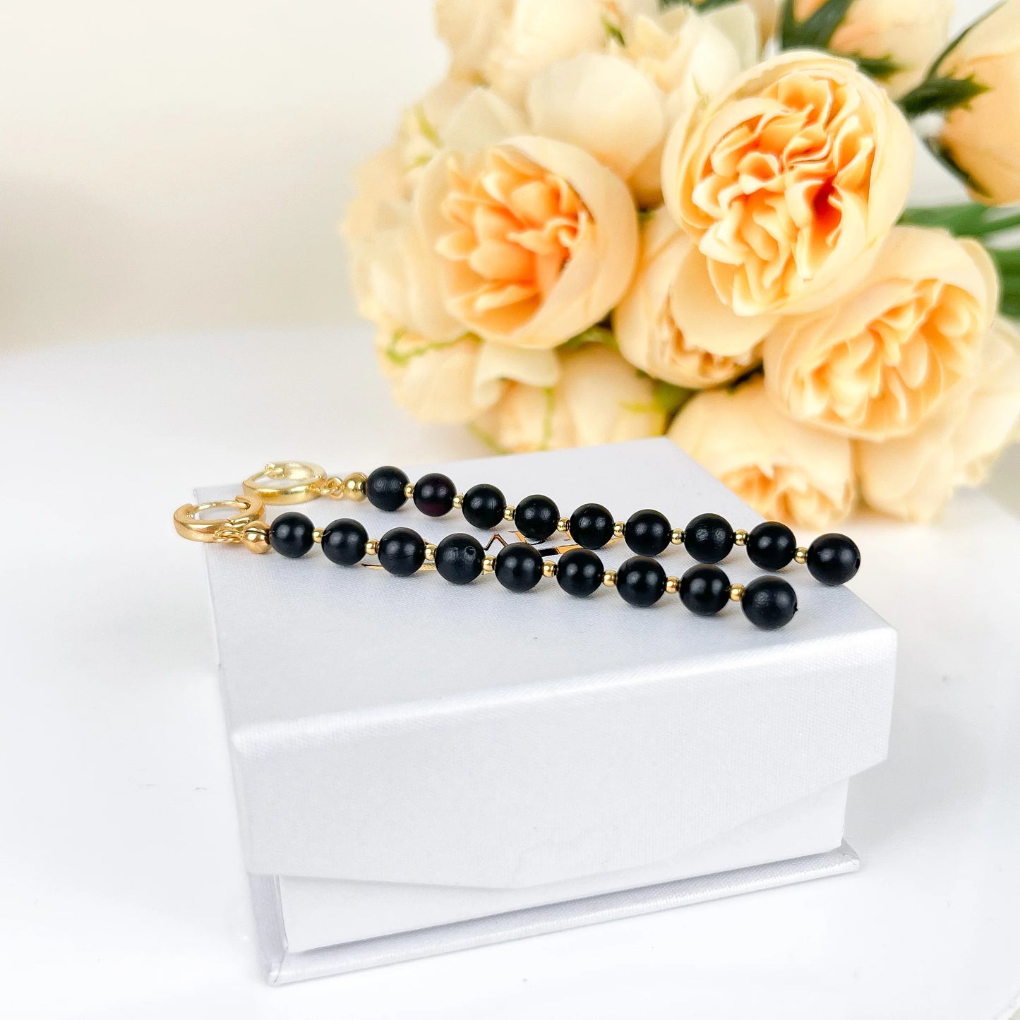 Silhouette Flow – Long Black Baltic Amber Earrings, 18K gold-plated