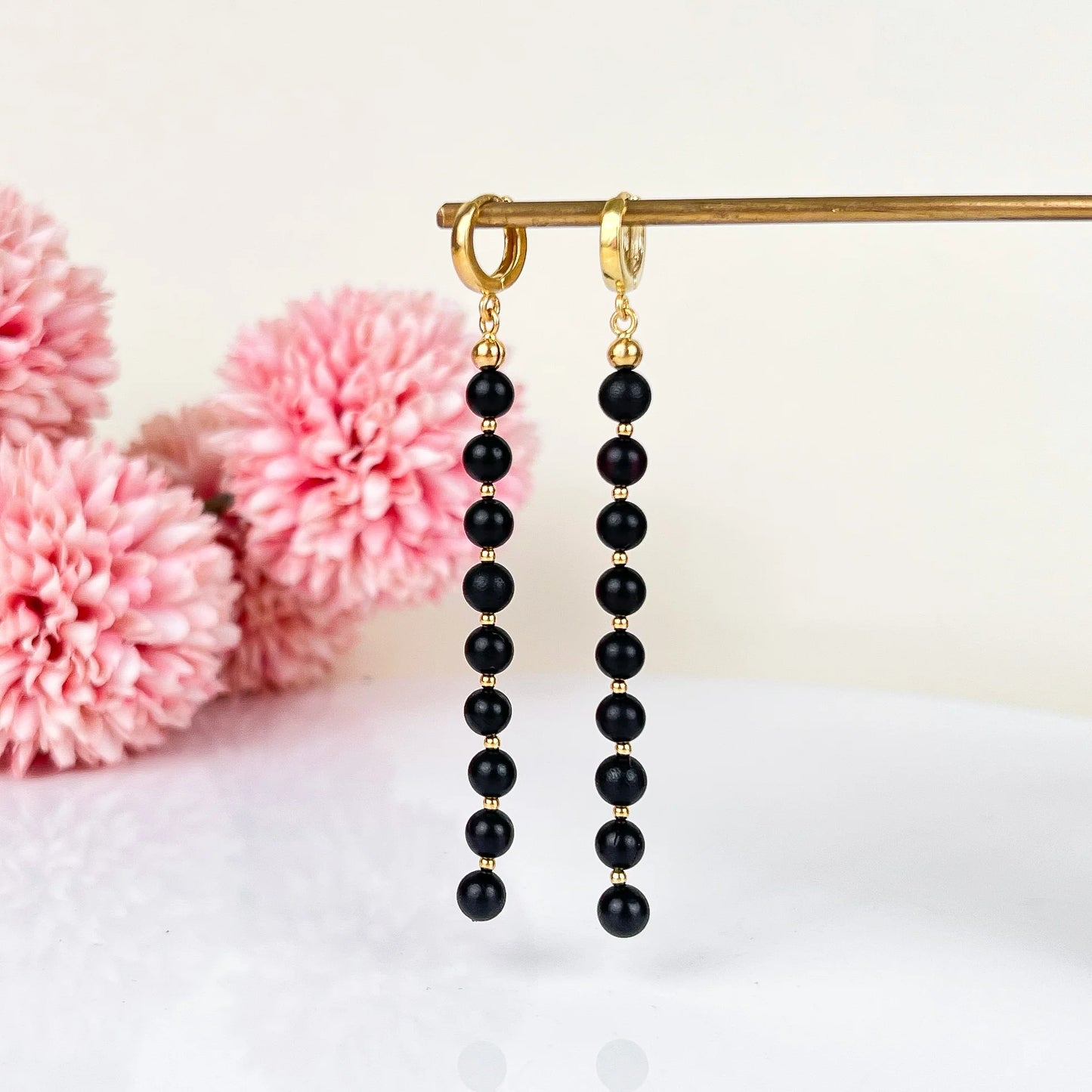 Silhouette Flow – Long Black Baltic Amber Earrings, 18K gold-plated