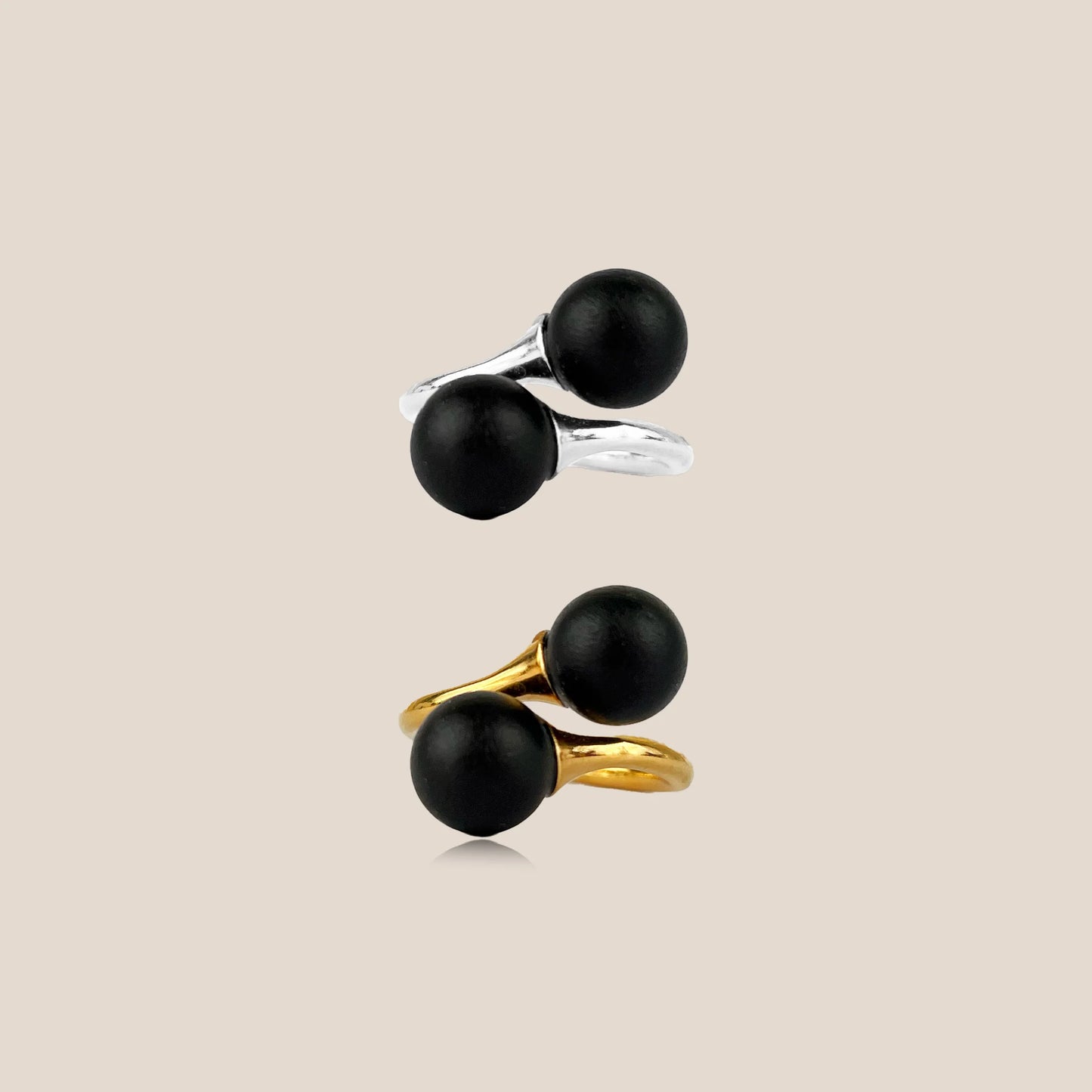 Twin Orbit – Adjustable Double Matte Black Amber Ring, 925 sterling silver or 18K gold-plated
