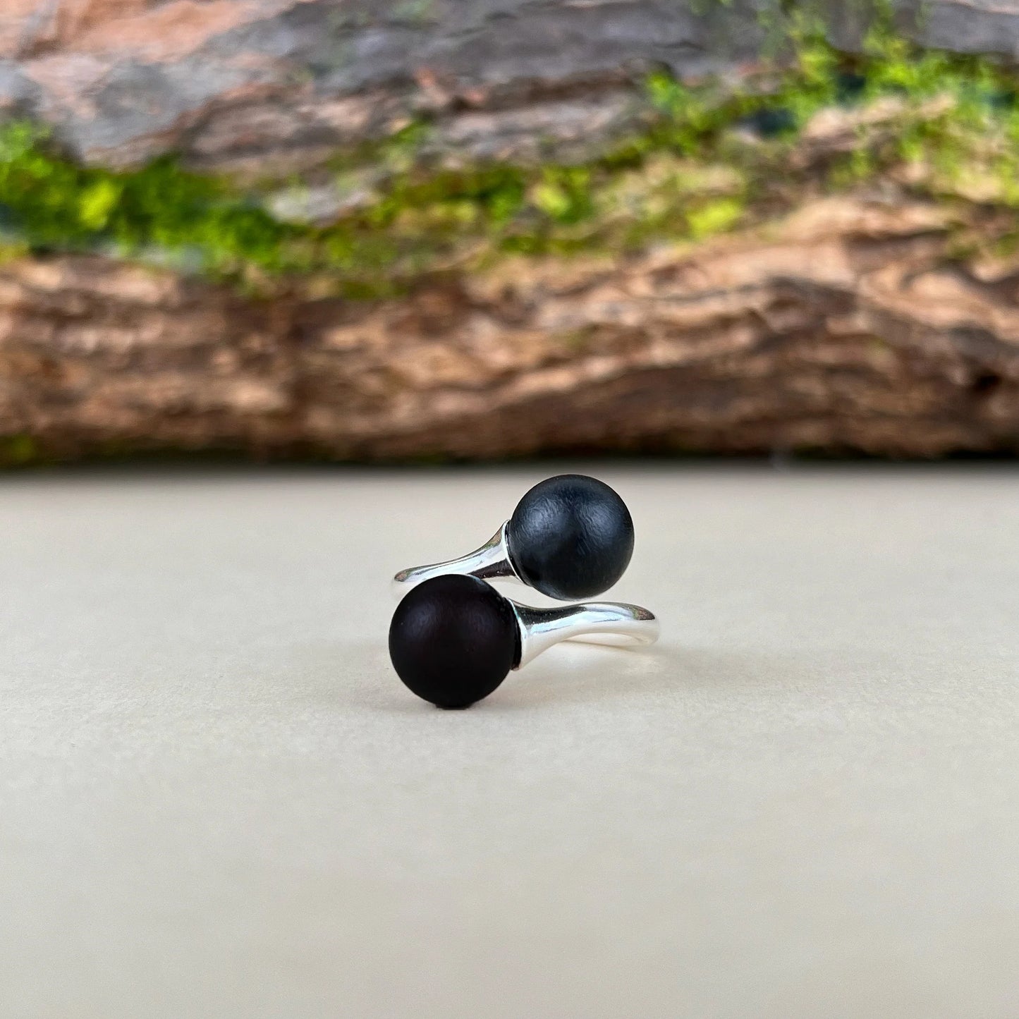Twin Orbit – Adjustable Double Matte Black Amber Ring, 925 sterling silver or 18K gold-plated