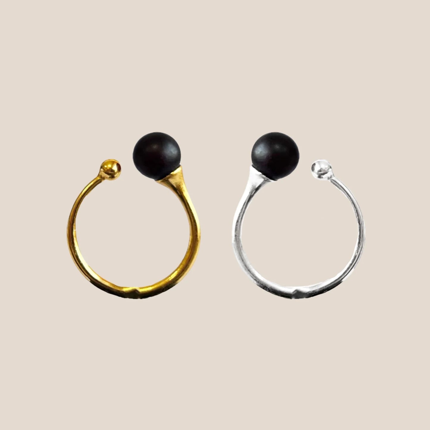 Balance Ring – Adjustable Matte Black Baltic Amber Ring, 925 sterling silver or 18K gold-plated