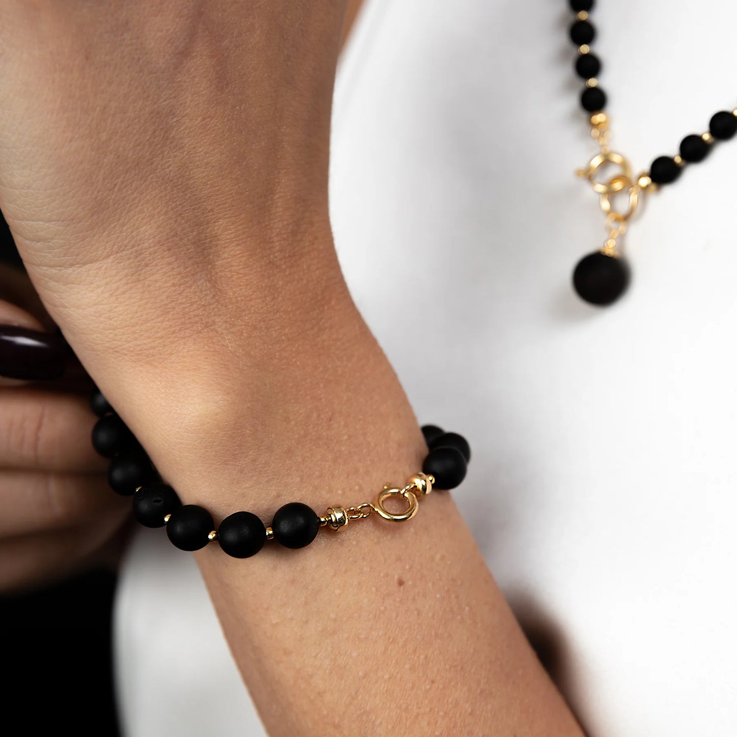 Silent Strength – Matte Black Baltic Amber Bracelet, 18K gold-plated