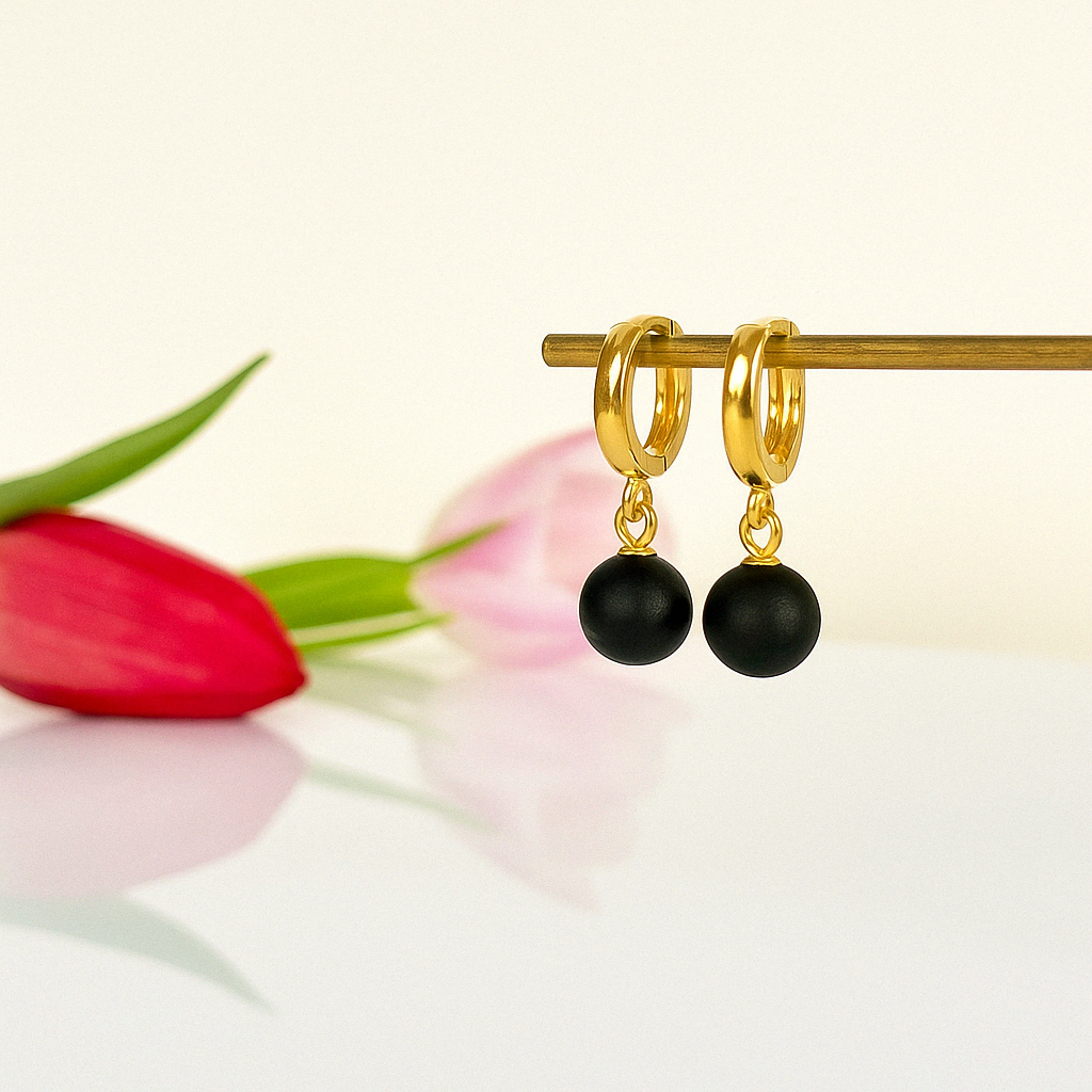 Noir Drops – Matte Black Baltic Amber Jewelry earrings, 18K gold-plated