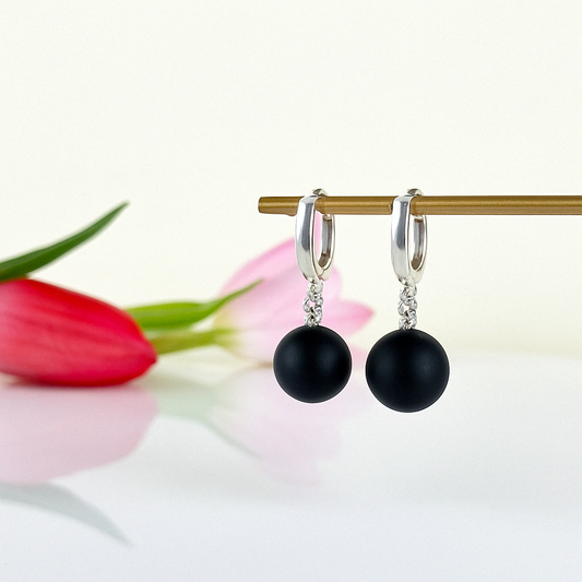 Shadowline – Long Matte Black Amber Earrings, 925 sterling silver