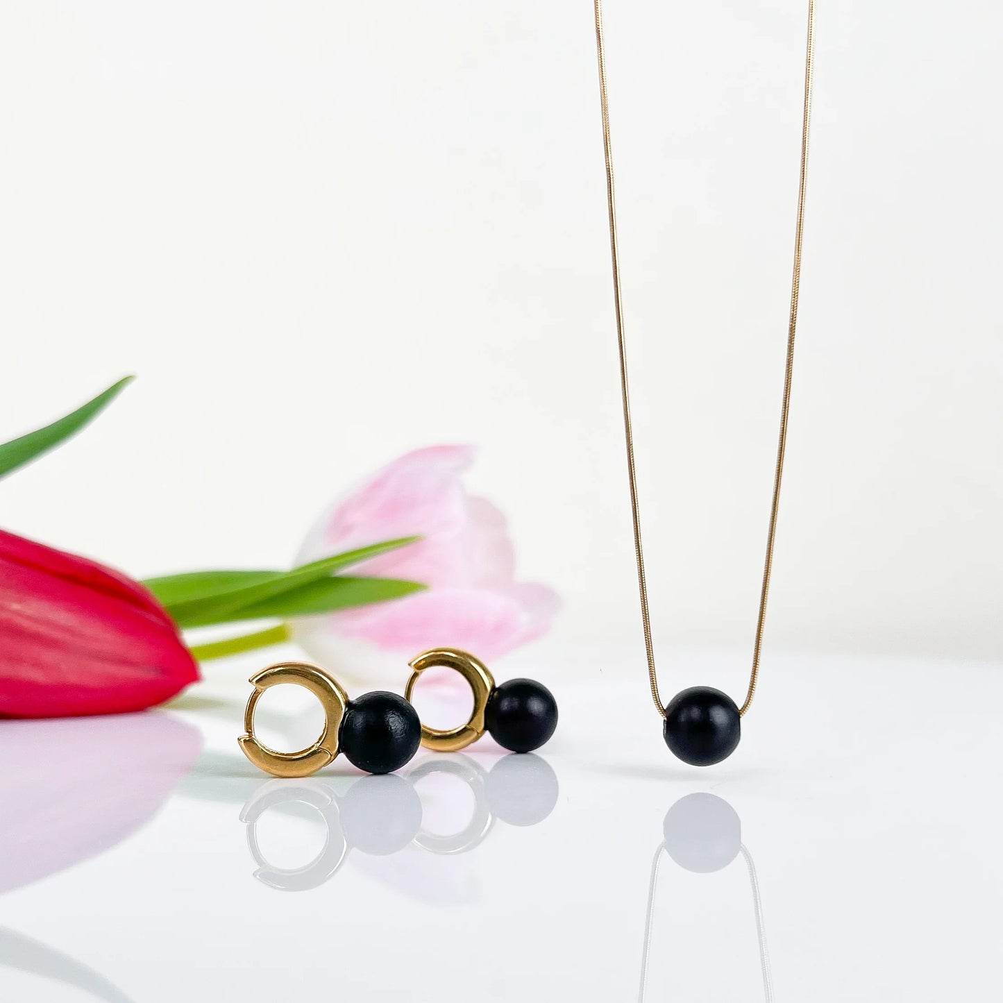 Noir Mini – Matte Black Baltic Amber Drop Earrings, 18K gold-plated huggie hoops