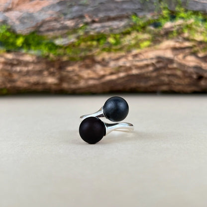 Twin Orbit – Adjustable Double Matte Black Amber Ring, 925 sterling silver or 18K gold-plated