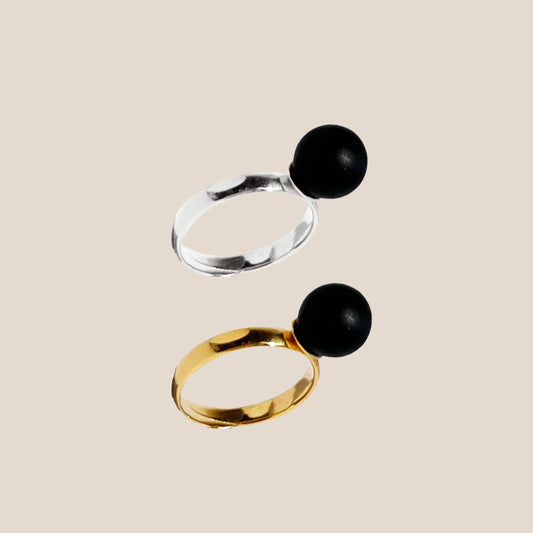 Eclipse Ring – Matte Black Baltic Amber Statement Ring, 925 sterling silver or 18K gold-plated