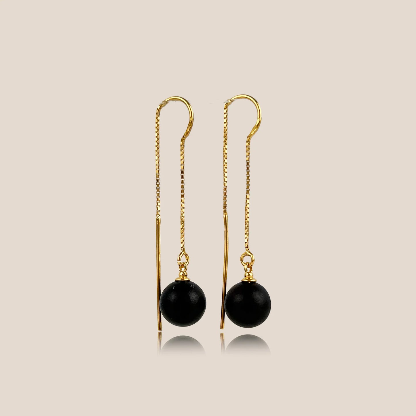 Velvet Line – Matte Black Amber Threader Earrings, 18K gold-plated