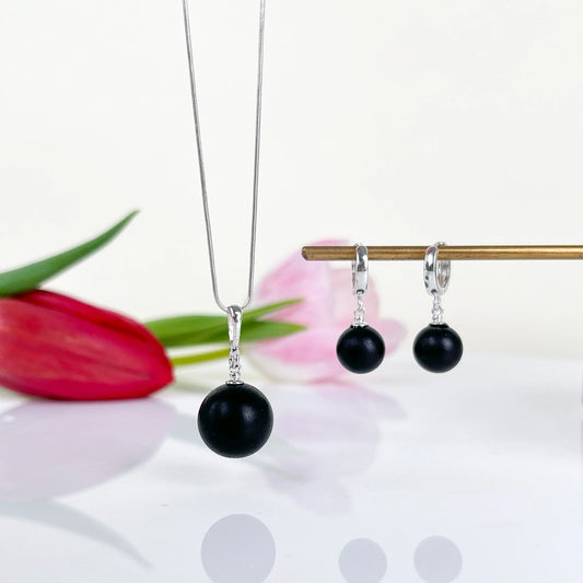 Obsidian Calm Set – Matte Black Baltic Amber Jewelry Duo,  925 sterling silver