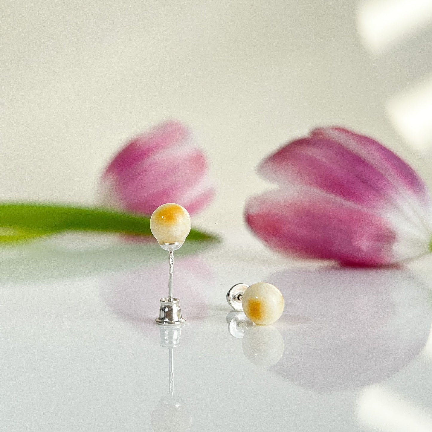 Ivory Glow – Royal Faceted Baltic Amber Stud Earrings | 925 Silver or 18K Gold Finish