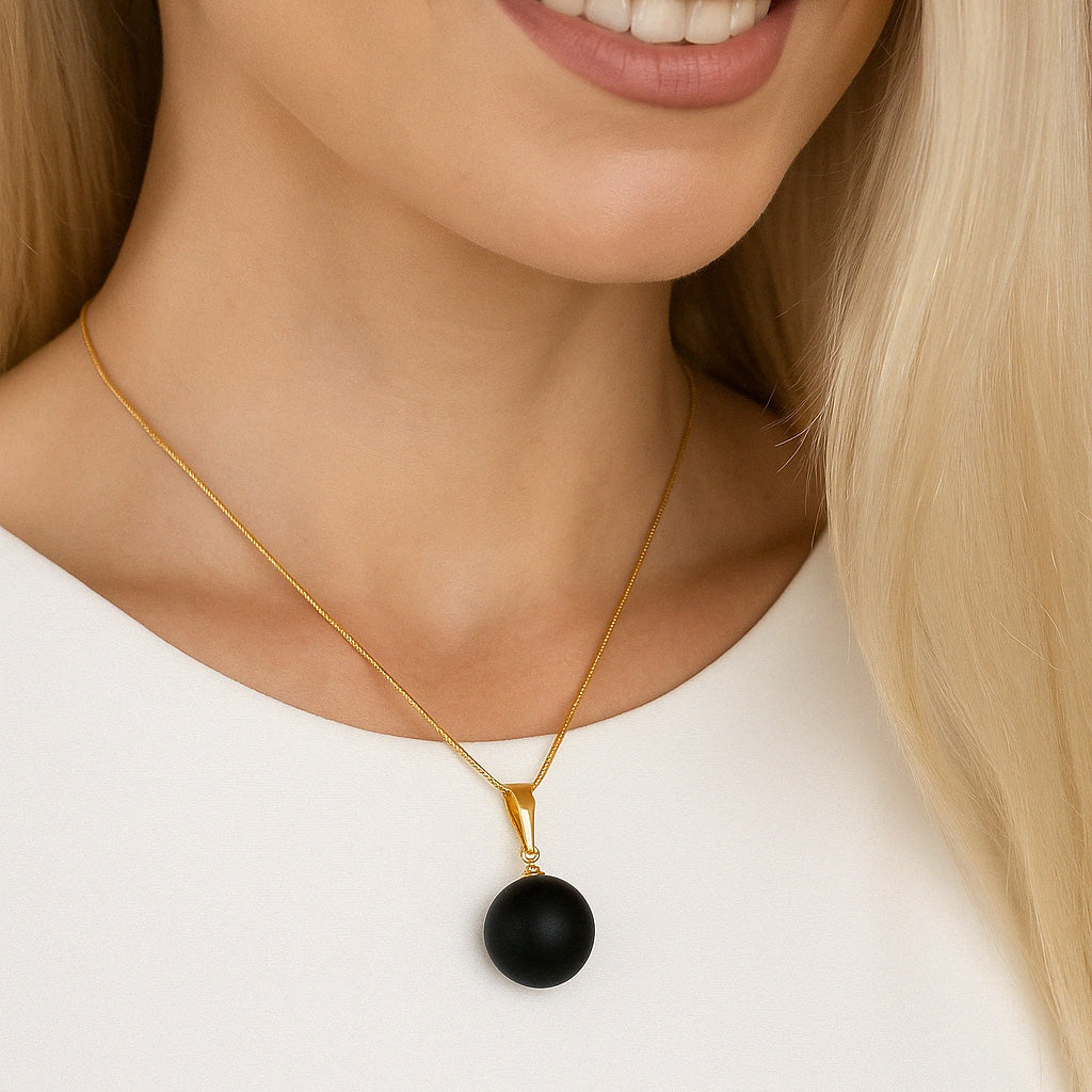 Matte Black Baltic Amber Pendant , 18K Gold Finish