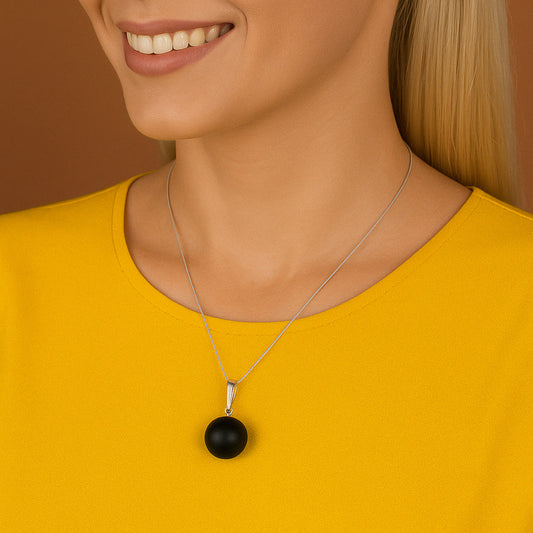 Orb Noir – Matte Black Baltic Amber Pendant, 925 sterling silver