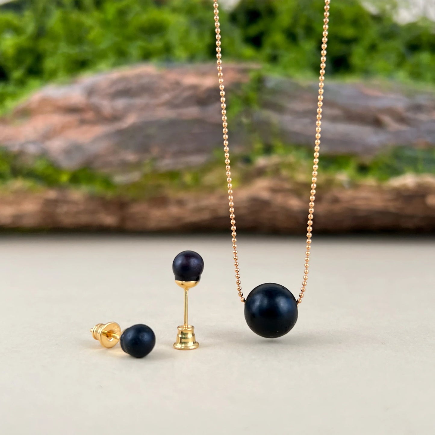 Midnight Calm – Matte Black Amber Jewelry Set, 18K gold-plated sterling silver