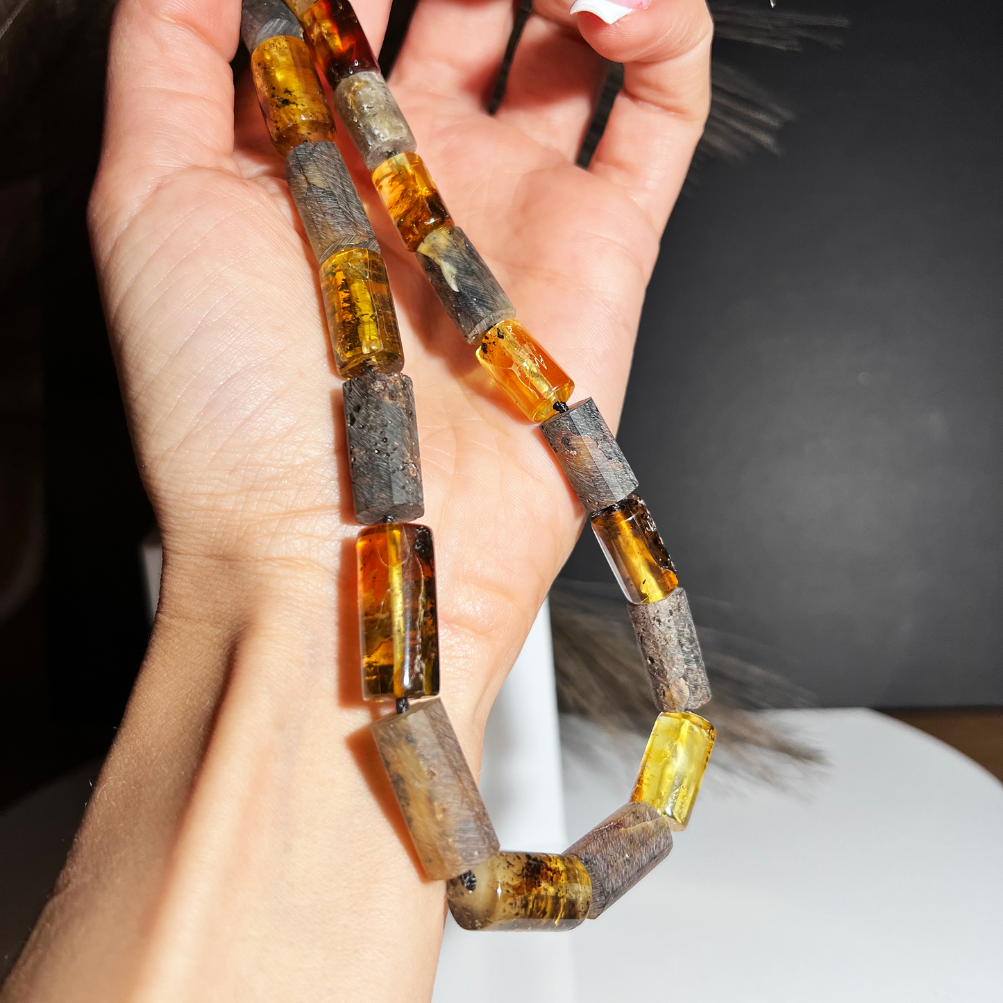 Male amber necklace with moss inclusions "Tiger"