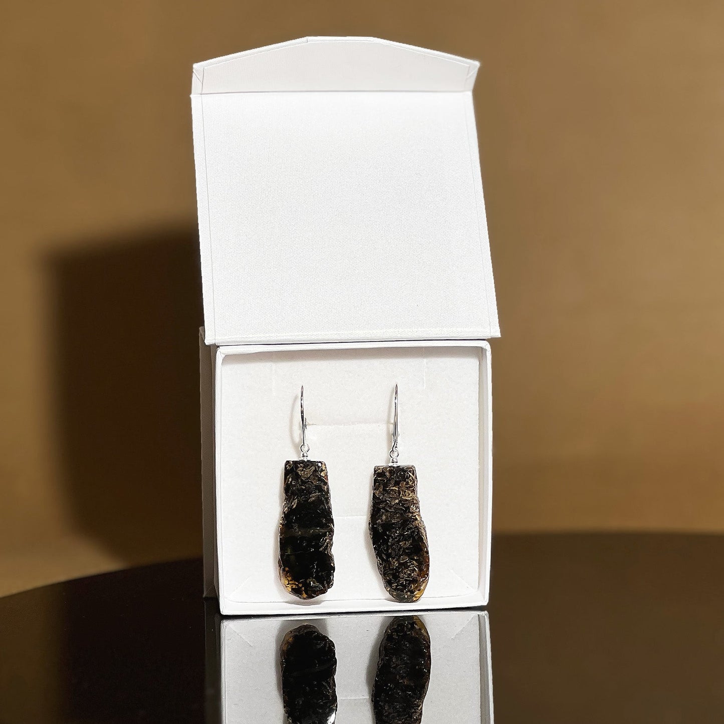 Black amber earrings, silver 925 "Evening"